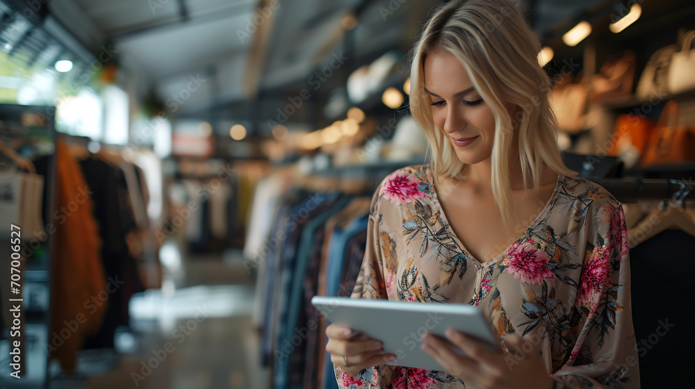 Beautiful female owner of fashion store using digital tablet checking stock in clothing store Beautiful female owner of fashion store using digital tablet checking stock in clothing store