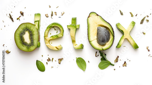 word detox made from green avocado and kiwi on a white background, healthy eating, smoothie, food, fruit, tasty treat, healthy breakfast, weight loss, diet, nutrition photo