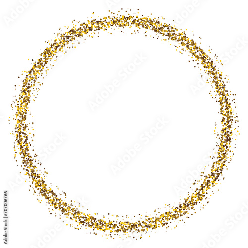 Gold glitter circle frame. Golden sparkle confetti circle frame on transparent background.