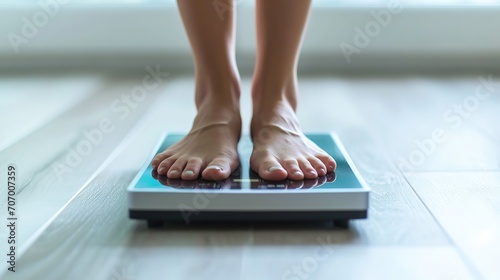 A person is standing on a blue digital bathroom scale, checking their weight on a wooden floor.