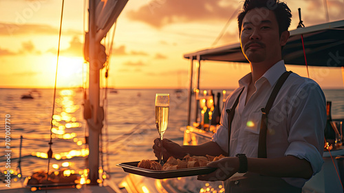 Asian man waiter holding champagne glass on the tray serving to group of passenger tourist travel on luxury catamaran boat yacht sailing in the ocean at summer sunset on beach holiday vacation trip. © Sasint