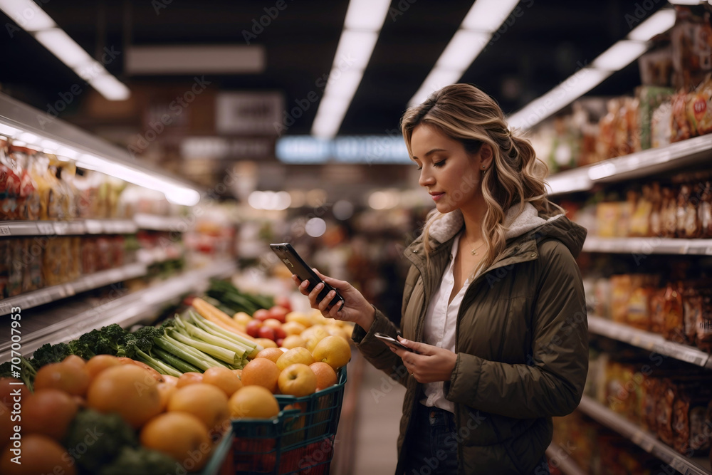 Woman choosing and comparing products in a grocery store, supermarket checking ingredients, prices, nutritional values, conscious shopping.