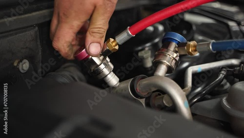 Auto mechanic connects hoses for car AC recharge service. Professional HVAC tech tools used for cooling system maintenance. Vehicle air conditioner refill at repair shop with expert worker.