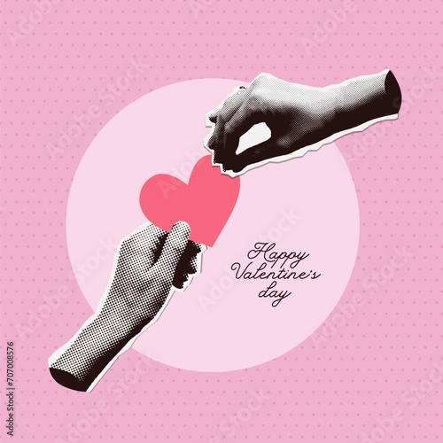 Vintage Art collage design for 14 February with halftone hands holding one heart. Contemporary template for banner, card. Cut out New wave style vector illustration for Valentine's day photo