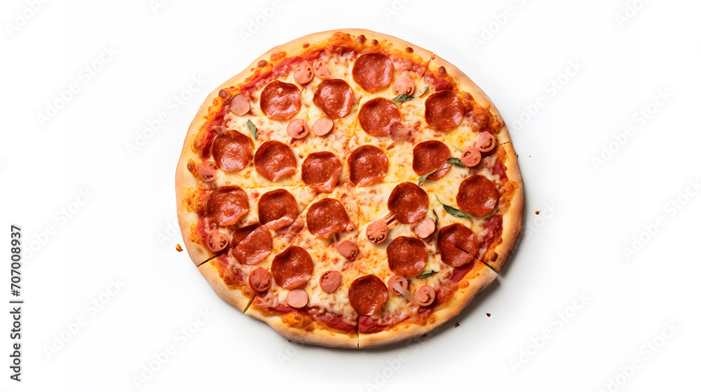 Pepperoni pizza top view isolated on white background