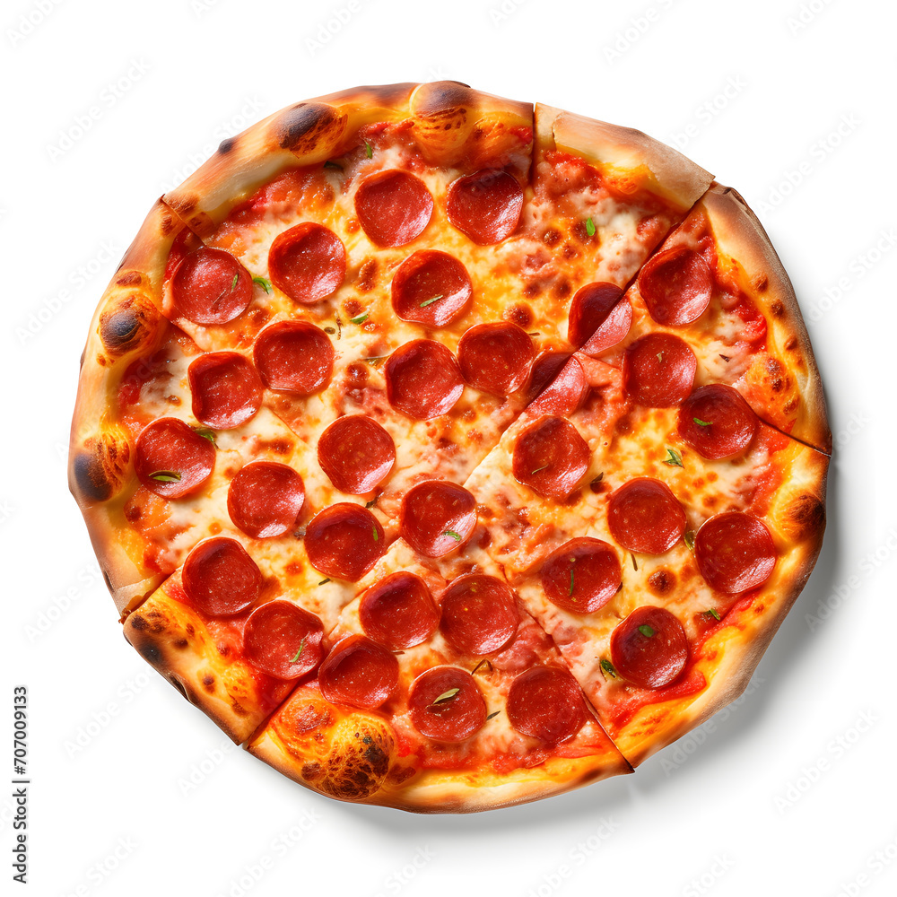 Pepperoni pizza top view isolated on white background