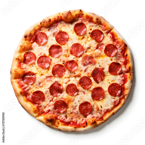 Pepperoni pizza top view isolated on white background