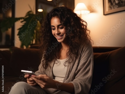 Happy young latin woman sitting on sofa holding mobile phone using cellphone technology doing ecommerce shopping, buying online, texting messages relaxing on couch in cozy living room at home, --