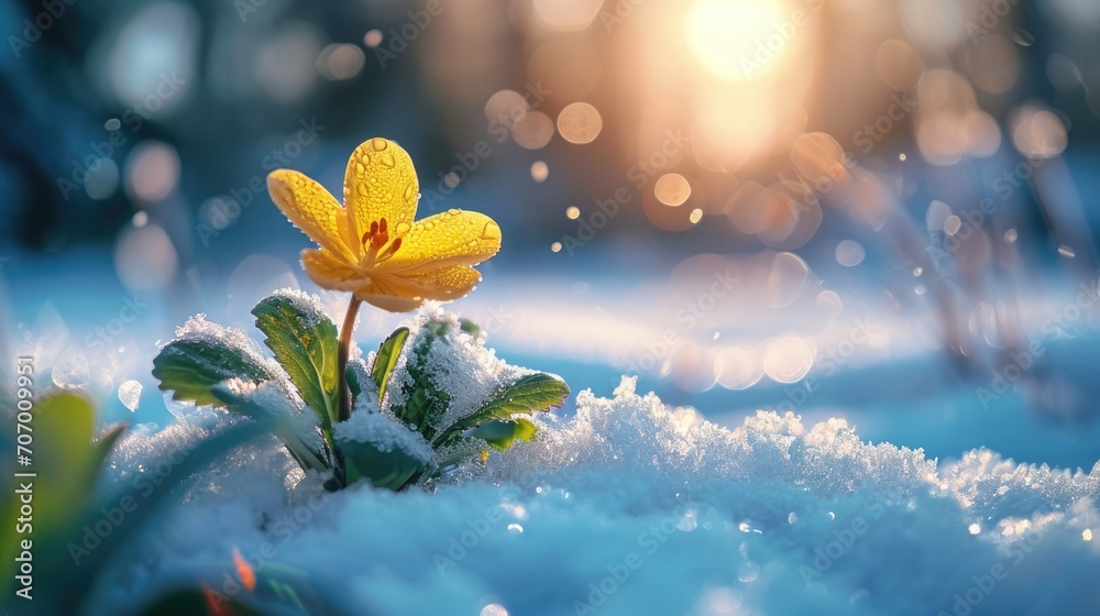 First flowers emerging from melting snow, Sparkling Snow Contrast with Delicate Petals, holiday of the beginning of spring. - obrazy, fototapety, plakaty 