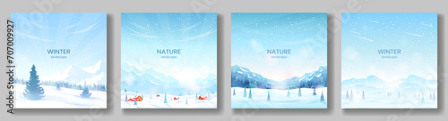 Winter landscapes. Mountain ranges and coniferous forest, fir trees in snowdrifts, clear blue sky, sunny day. The concept of tourism, active recreation in winter, hiking. Vector illustration.