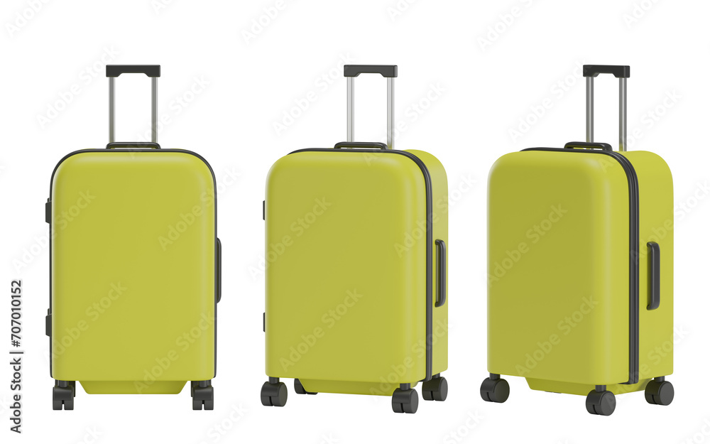 Set of yellow suitcase for travel with transparent background, 3d travel bag, PNG, Isolated