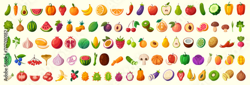 Large set of fruits and vegetables. All kinds of green vegi and fruit for cooking meals. Vegetables and fruits in a juicy cartoon style. A bright element for design. 
