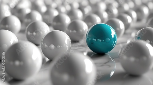 A single blue sphere stands out in a vast array of identical white spheres. photo
