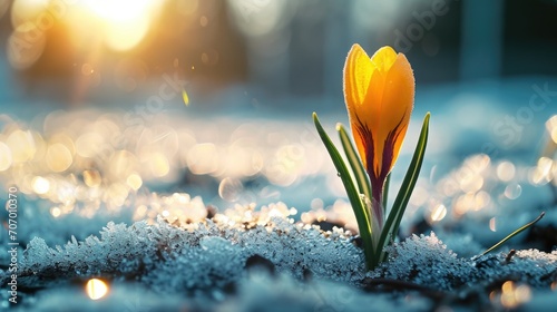 First flowers emerging from melting snow, Sparkling Snow Contrast with Delicate Petals, holiday of the beginning of spring.