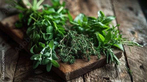 Bunches of different garden fresh herbs on wooden board from above