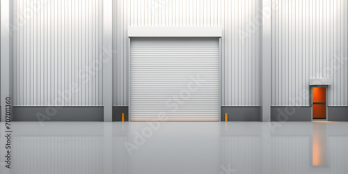Roller door or roller shutter, concrete floor at entrance of commercial industrial building. May called facade, modern factory, warehouse, hangar, shop or garage. Nobody and empty space for background