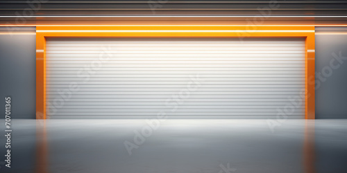 Roller door or roller shutter  concrete floor in industrial building i.e. modern factory  plant  warehouse  shop  garage or store. Include lighting at night. Nobody and empty space for background.