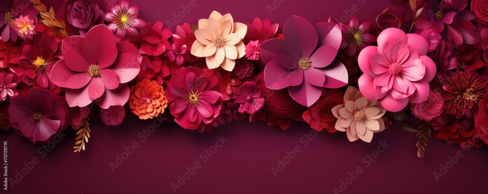 Frame with colorful flowers on crimson background