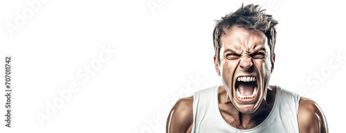 Close-up angry angry man, white background isolate. Aggressive person, abuses.