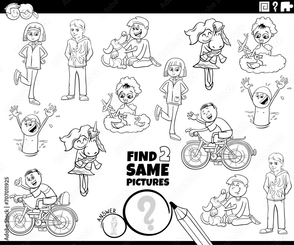 find two same cartoon children activity coloring page