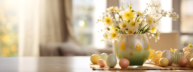Colorful Easter home decoration. Table with Colorful dyed eggs and rabbit ears, flowers and easter bunny for festive Easter celebration at home. Easter card