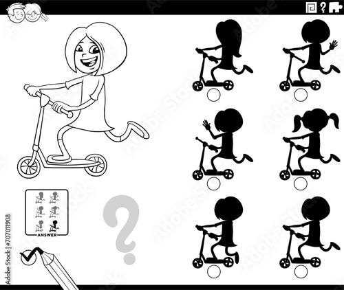 shadow game with cartoon girl on a push scooter coloring page