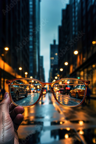 Eyeglasses sitting on top of a wet street, big city buildings background.