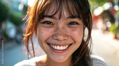 A cheerful young woman with freckles is smiling broadly in a sunny outdoor setting.
