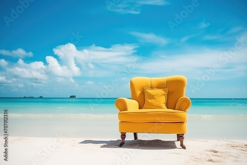 A comfortable classic style yellow armchair on the shore of a natural and uncrowded beach on a sunny day with blue sky and turquoise waters
