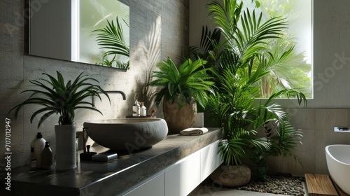 Interior design in urban jungle style. Modern bathroom decorated with green tropical plants and wicker home decor elements. Freestanding white tub, shower space and wash basin inside bohemian restroom © petrrgoskov