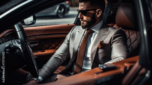 Successful businessman in a expensive suit sitting in his luxury car © petrrgoskov