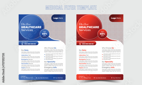 Simple medical poster or flyer pamphlet brochure editable photo background blue and red for hospital 