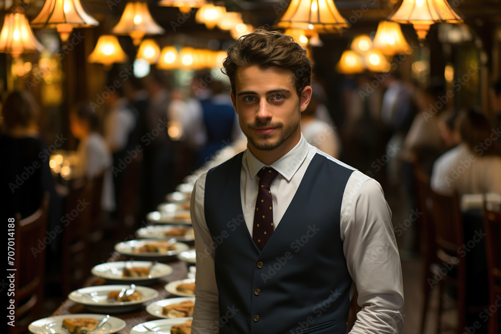 A man waiter standing in front of many tables with clients in restaurant. A man waiter standing in front of many tables with clients in restaurant.