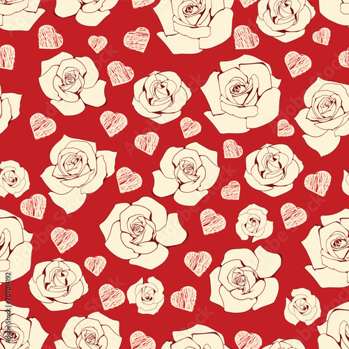 Seamless pattern for Valentine's Day. Delicate light roses and small hand-drawn light hearts on a bright red background. Vector illustration suitable for background, banner, wrapping paper.