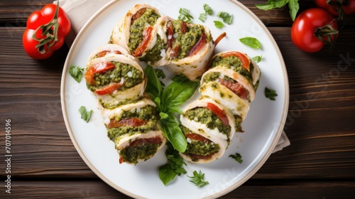 Tasty hot Italian Chicken Roll with sauce pesto, cheese and tomatoes on a white plate decoration