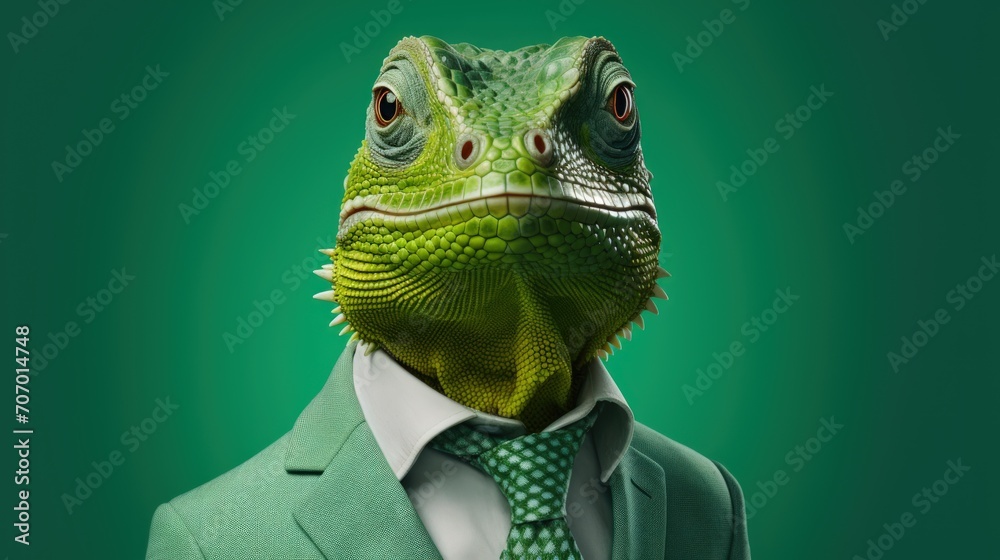 Portrait green serious lizard wear formal suit isolated on green background. AI generated image - obrazy, fototapety, plakaty 