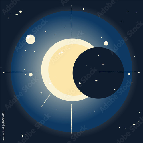Hand drawn solar eclipse concept. Vector illustration on dark background.