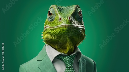 Portrait green serious lizard wear formal suit isolated on green background. AI generated image