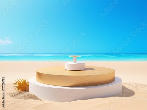 Tropical Summer Vibes: Beach Podium Mockup for Stunning Exhibitions. Generative AI.