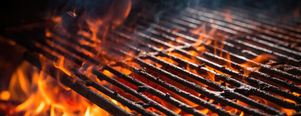 Empty flaming grill grates with open fire, ready for product placement. Background for grilled food with fire.