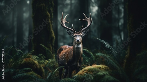 Close up of a male deer animal alone in the deep forest. AI generated image