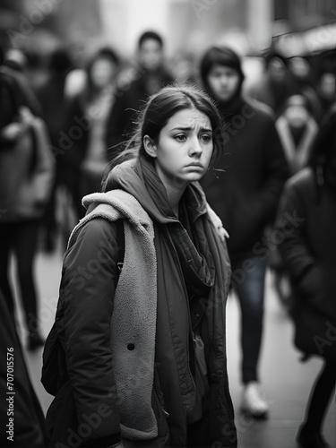 Mental health problems, young woman stands in crowd of people in a hazy and sad mood.