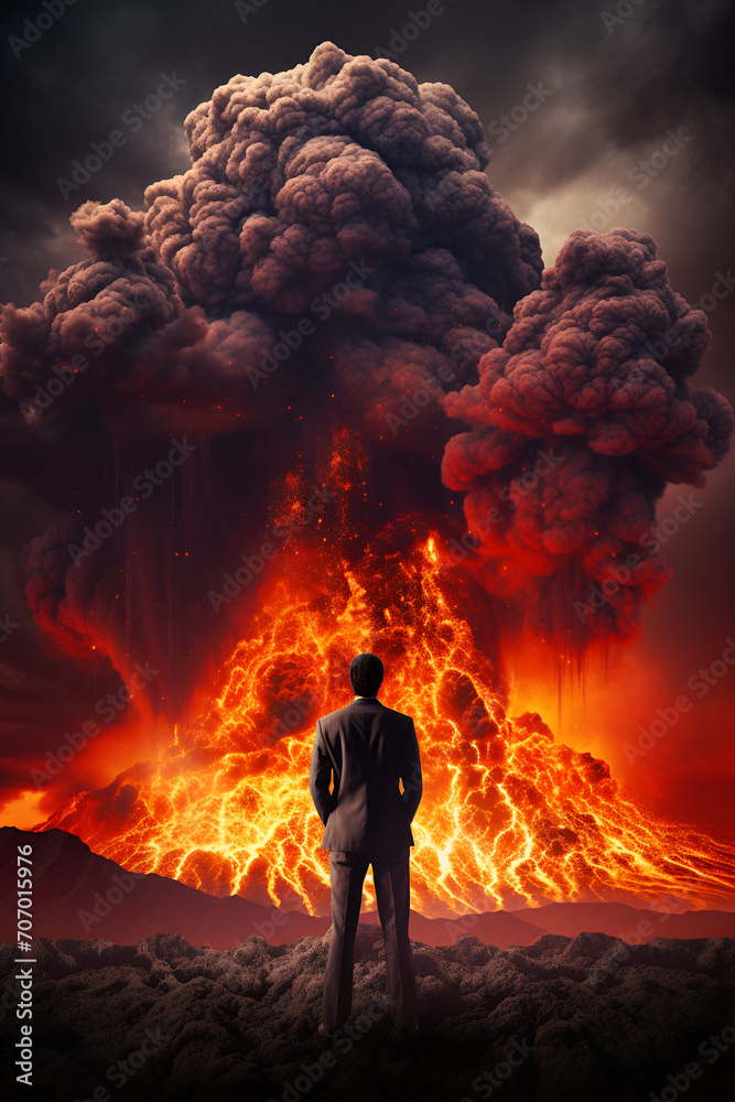 rear view of a man in an office suit against the backdrop of large flames and smoke from a volcanic eruption or nuclear explosion