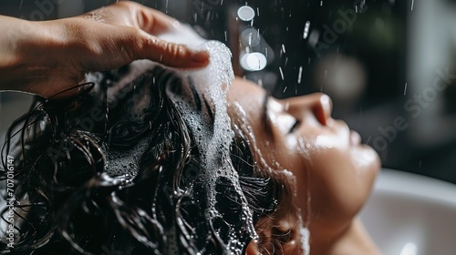 A person is seen with their head back, getting their hair washed with shampoo under a running shower. photo