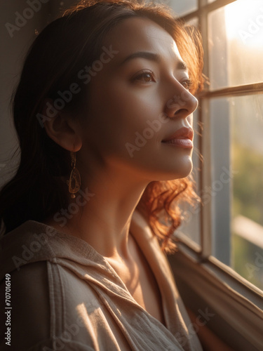 Mental health, Woman in a sad mood and waiting for someone near the window at home