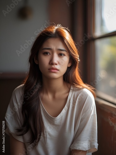 Mental health, Woman in a sad mood and waiting for someone near the window at home