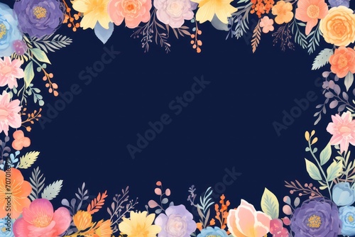 Frame with colorful flowers on indigo background