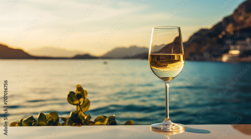 Obraz premium Close-up of a glass of white wine against of sea backdrop. Romantic trip concept. Generative AI