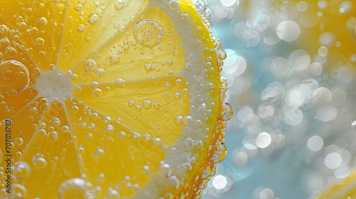Lemon slice drop in fizzy sparkling water, juice refreshment photo