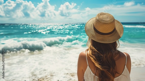 A woman with a straw hat is looking out over a bright blue ocean with waves crashing onto the shore under a clear sky.